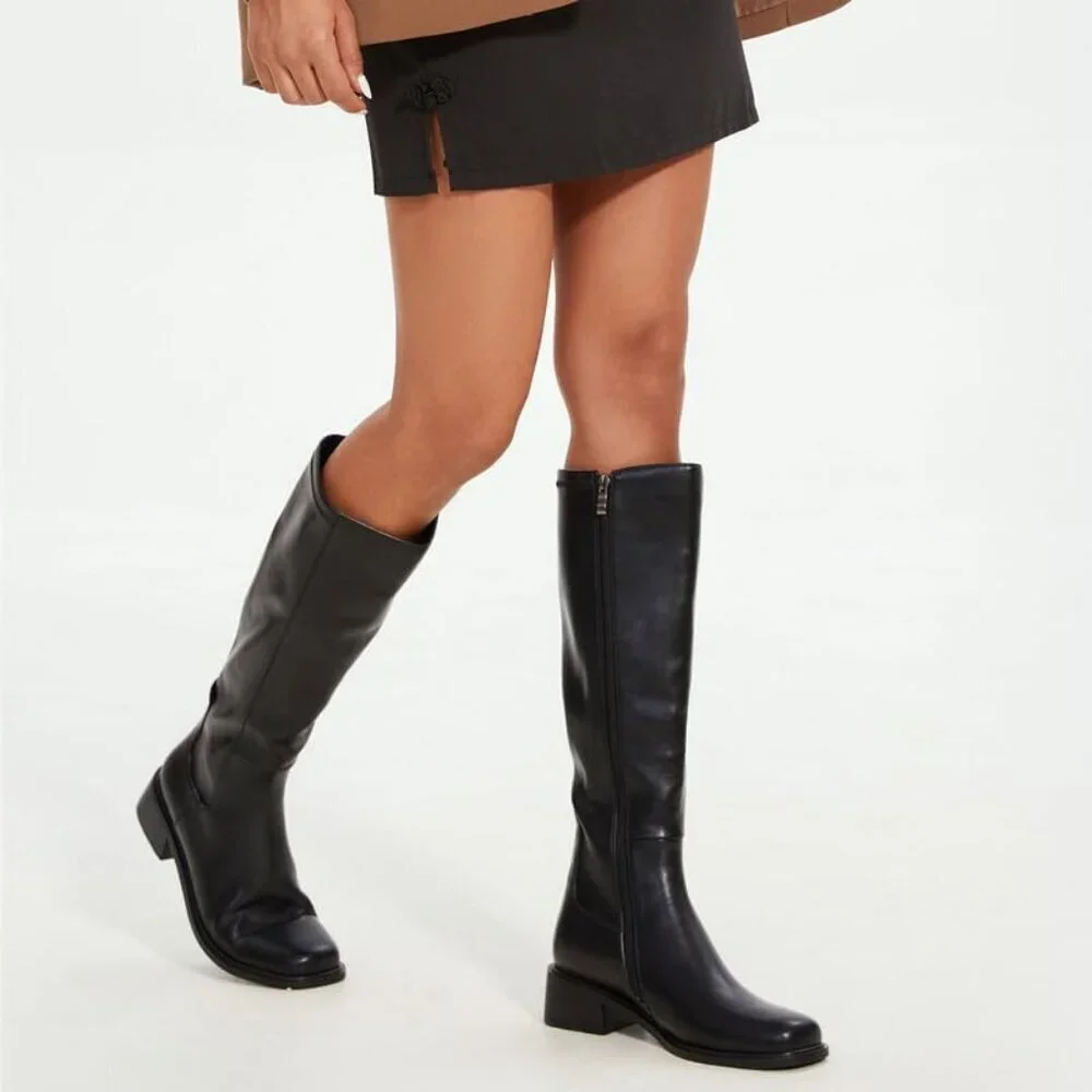 Women's Black Faux Leather Elastic Low Heel Square Toe Zipper Knee High Boots